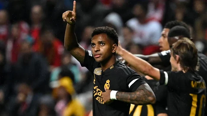 Rodrygo sărbătorește după ce a marcat primul gol în victoria lui Real Madrid. Foto: Getty Images