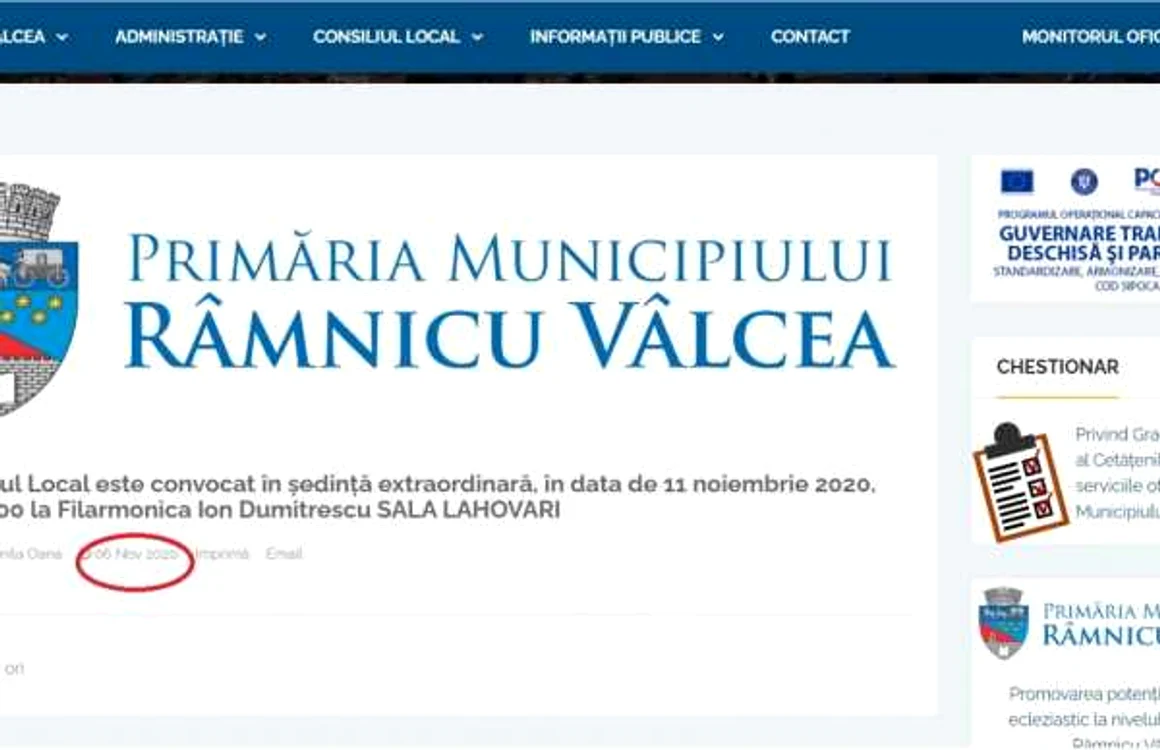 Postarea pe site-ul Primăriei Râmnicu Vâlcea a celei de-a doua şedinţe de Consiliu Local Foto captură