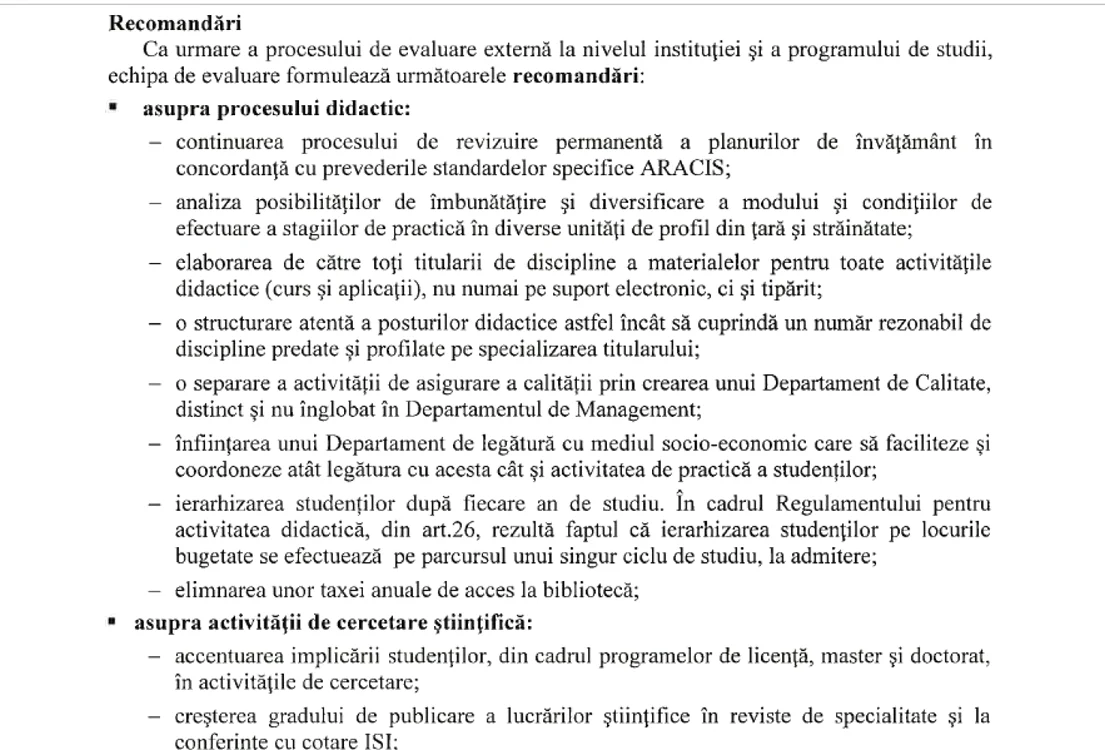 Recomandări ARACIS 