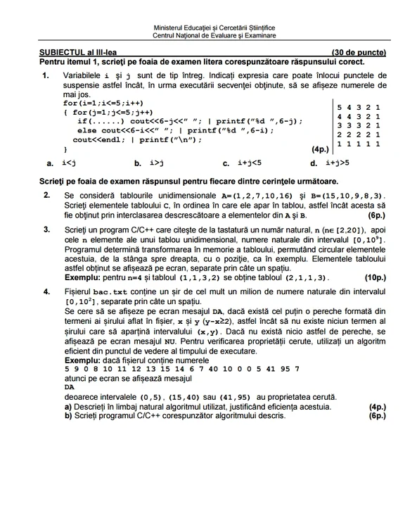 Bac 2015 subiecte Informatica limbajul c/c++/ştiinţele naturii - prima sesiune
