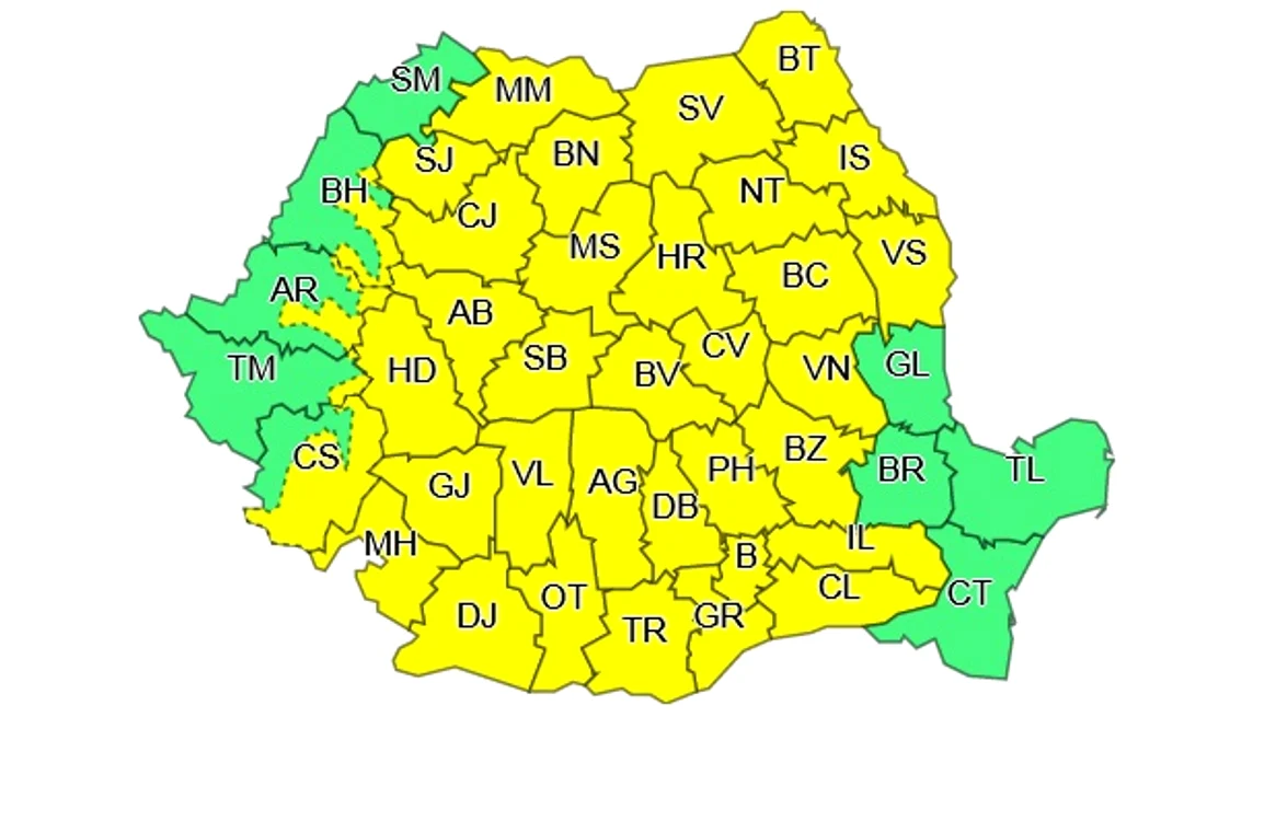 Iată ce județe vor fi afectate de vreme rea