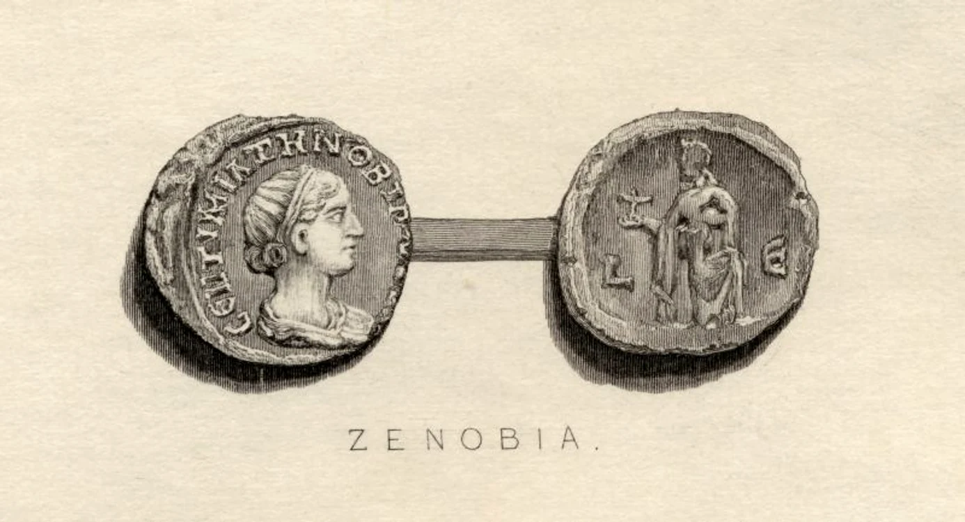 Reconstituire a unei monede din timpul Zenobiei,  când Palmira era colonie romană (sec. III e.n.)