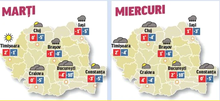 Harta valorilor termice de marţi şi miercuri