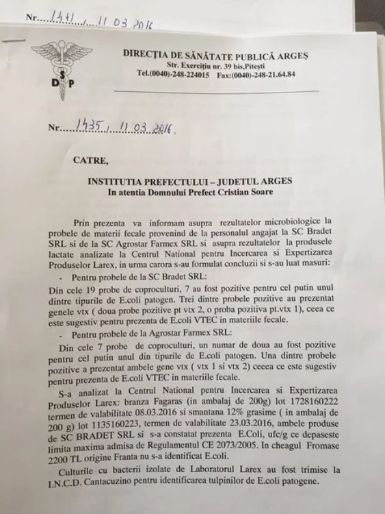 Documentul care atestă depistarea angajaților „Lactate Brădet” a fost obținut de ziare.com