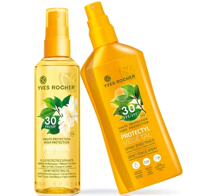 Ulei satinat pentru plajă şi spray protecţie invizibilă cu SPF 30, hidratează pielea fără a o lăsa grasă, 75 lei fiecare, la Yves Rocher.
