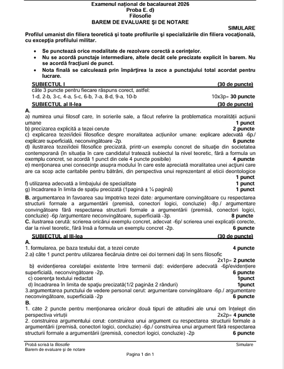 Barem corectare simulare BAC Filosofie 2026 FOTO Edupedu.ro