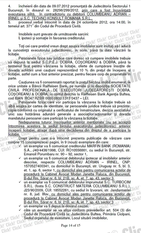 Anunţul de vânzare a terenurilor lui Irinel Columbeanu.
