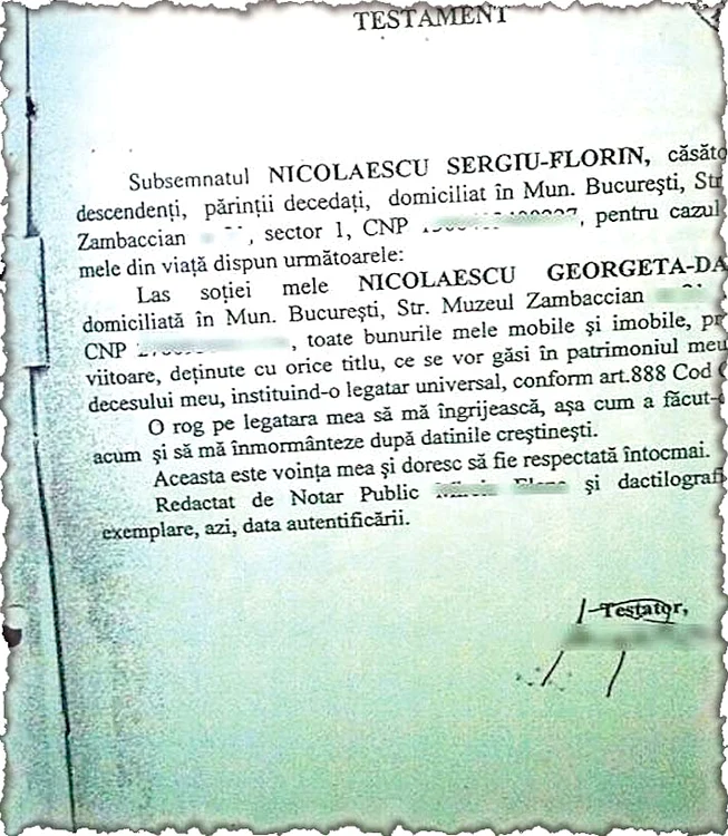 Potrivit testamentului  lăsat de regizor, toată  averea îi rămâne soţiei  sale, Dana Nicolaescu