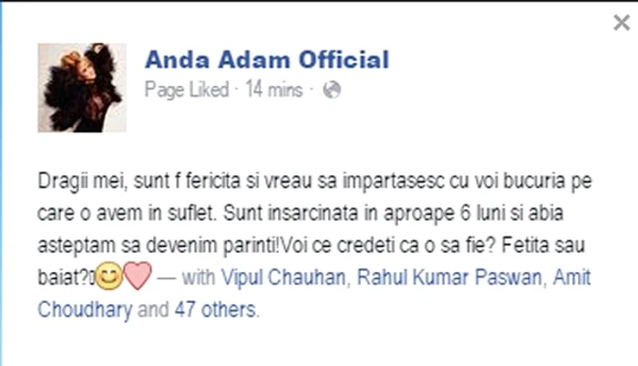 Mesajul publicat de Anda Adam pe Facebook