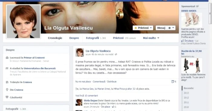 Lia Olguţa Vasilescu a scris pe pagina de facebook că maşina SRI a fost ridicată din faţa Primăriei Craiova