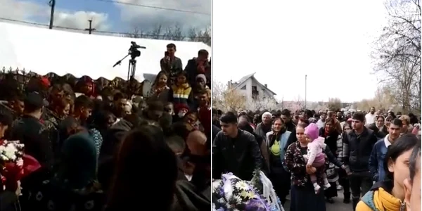 Înmormântare cu sute de participanţi care nu respectă restricţiile pandemiei în Laloşu - Vâlcea Foto colaj capturi video Facebook 