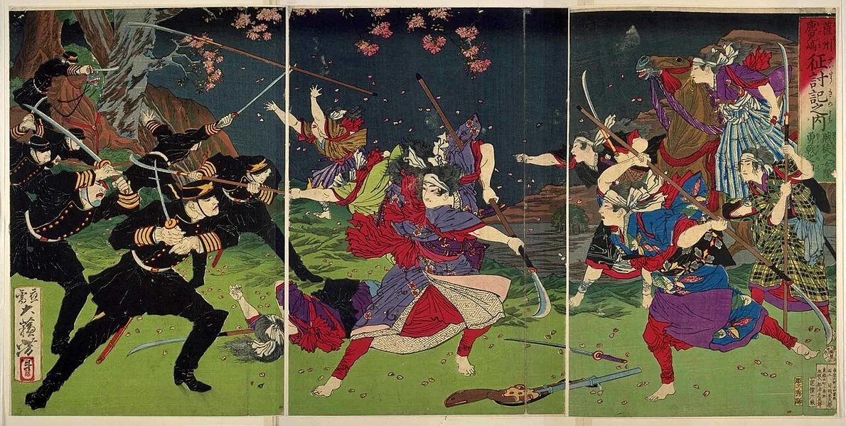 Femei luptând împotriva armatei imperiale japoneze în timpul rebeliunii Satsuma, din anul 1877. Pictură de Tsukioka Yoshitoshi (© Wikimedia Commons)