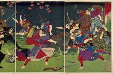 Femei luptând împotriva armatei imperiale japoneze în timpul rebeliunii Satsuma, din anul 1877. Pictură de Tsukioka Yoshitoshi (© Wikimedia Commons)