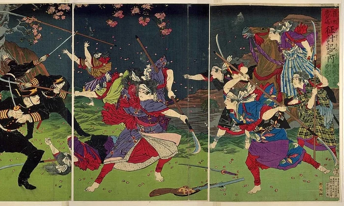 Femei luptând împotriva armatei imperiale japoneze în timpul rebeliunii Satsuma, din anul 1877. Pictură de Tsukioka Yoshitoshi (© Wikimedia Commons)