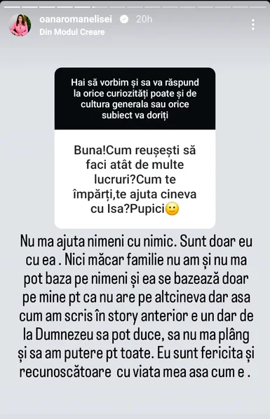Postarea Oanei Roman / foto: Captură InstaStory 