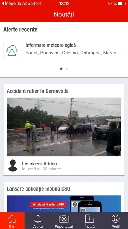 În secțiunea de informare utilizatorii aplicației vor găsi cele mai noi știri din domeniul situațiilor de urgență, direct la sursă