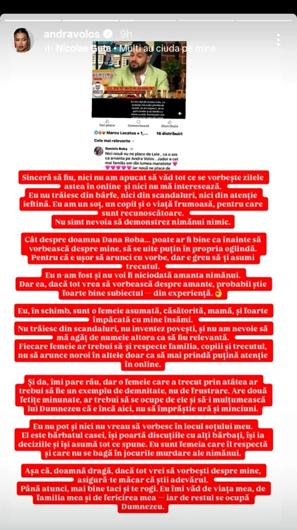 Andra Volos i-a răspuns Danei Roba - Foto: captură Instagram 