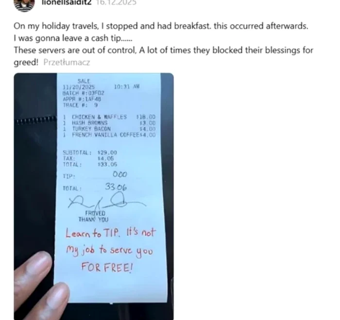 Mesajul lăsat de chelner / foto: social media 