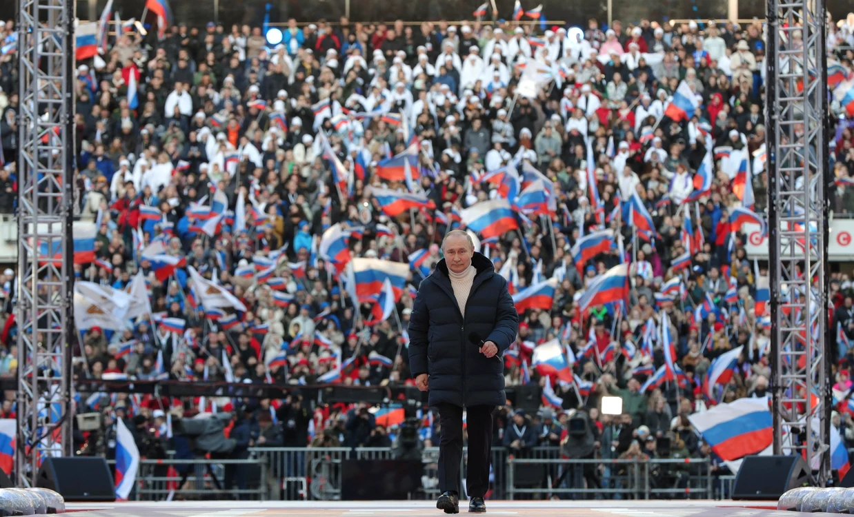 Vladimir Putin, vineri, 18 martie, pe stadionul din Moscova. Foto: Profimedia