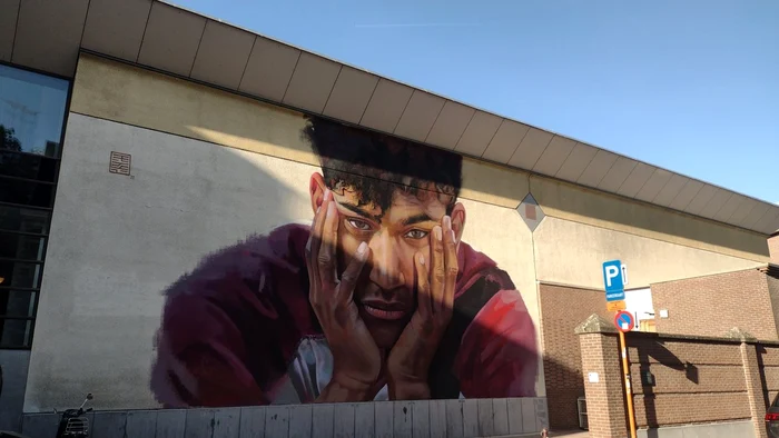 Pictură murală înfățișându-l pe studentul Sanda Dia, pe zidul Universității din Leuven Foto Belga