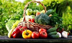 Wicker basket with assorted raw organic vegetables in the garden jpeg