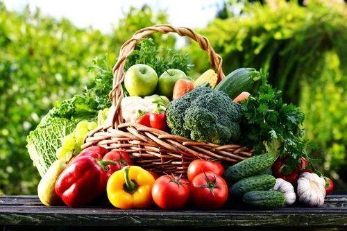 Wicker basket with assorted raw organic vegetables in the garden jpeg