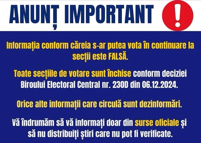 Anunț despre alegerile anulate. Sursa: Ambasada României în Italia. Facebook