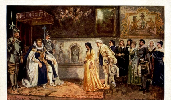Pocahontas la curtea regelui Iacob I al Angliei. Carte poștală de Richard Rummell, din 1907