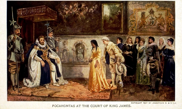 Pocahontas la curtea regelui Iacob I al Angliei. Carte poștală de Richard Rummell, din 1907