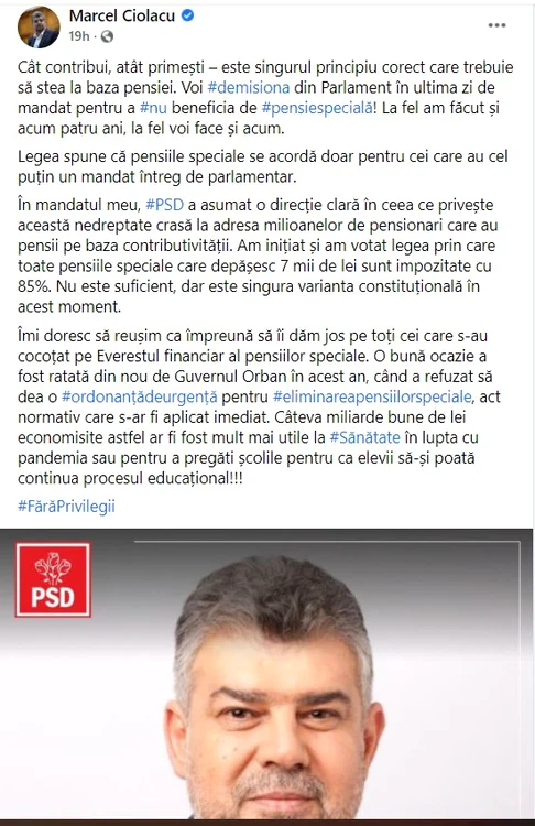 Marcel Ciolacu spune că vrea să renunțe la pensia lui specială, deși PSD a fost inițiatorul legii care oferă un astfel de privilegiu