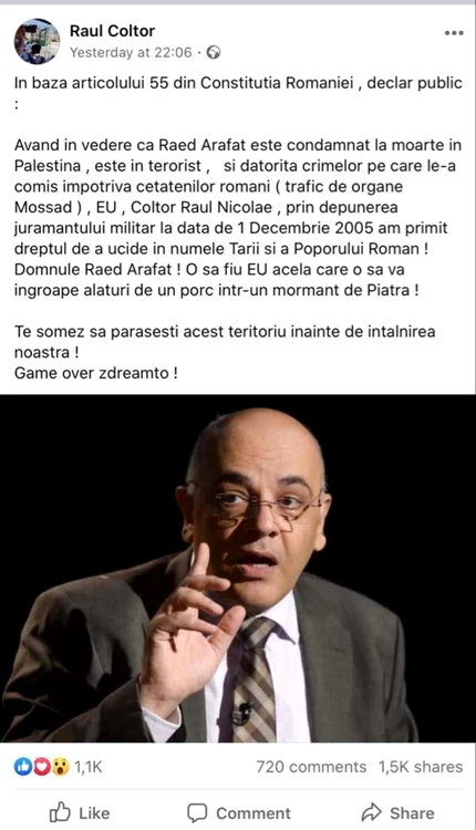 Mesajul prin care Raed Arafat este amenințat cu moartea a fost, între timp, șters