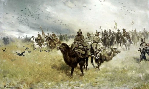 Tătari din Crimeea în armata otomană. Pictură de la începutul secolului XX, de Józef Ryszkiewicz (© Wikimedia Commons)
