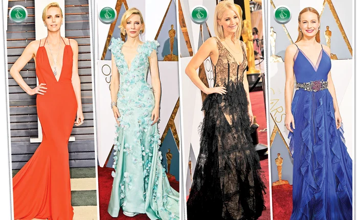 
    Charlize Theron, 40 de ani  (Dior). Cate  Blanchett, 46 de ani  (Armani). Jennifer  Lawrence, 25 de ani  (Dior). Brie  Larson, 26 de ani  (Gucci)Foto: Gettyimages/ Guliver/ Splashnews  