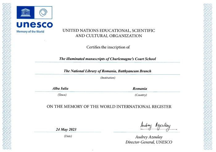 Documentul care atestă înscrierea pe lista UNESCO FOTO Biblioteca Batthyaneum