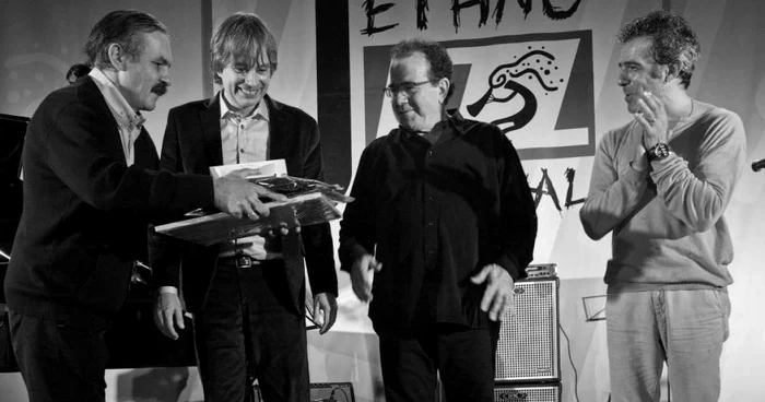 Anatol Ştefăneţ si muzicienii de la „Mare nostrum”: Jan Lundgren, Richard Galliano şi Paolo Fresu FOTO: Mircea Sorin Albuţiu