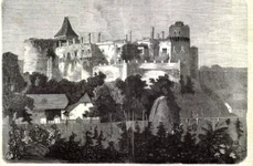 Fațada estică a castelului după incendiul din 1854. Ilustrație din Magyarország és a Nagyvilág, 1869, nr. 25. (© Muzeul Castelul Corvinilor)