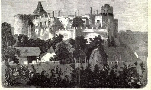 Fațada estică a castelului după incendiul din 1854. Ilustrație din Magyarország és a Nagyvilág, 1869, nr. 25. (© Muzeul Castelul Corvinilor)