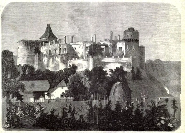 Fațada estică a castelului după incendiul din 1854. Ilustrație din Magyarország és a Nagyvilág, 1869, nr. 25. (© Muzeul Castelul Corvinilor)