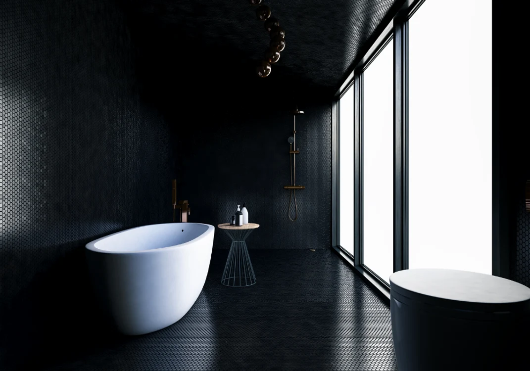 Accente negre și minimalism combinația perfectă pentru o baie contemporană png