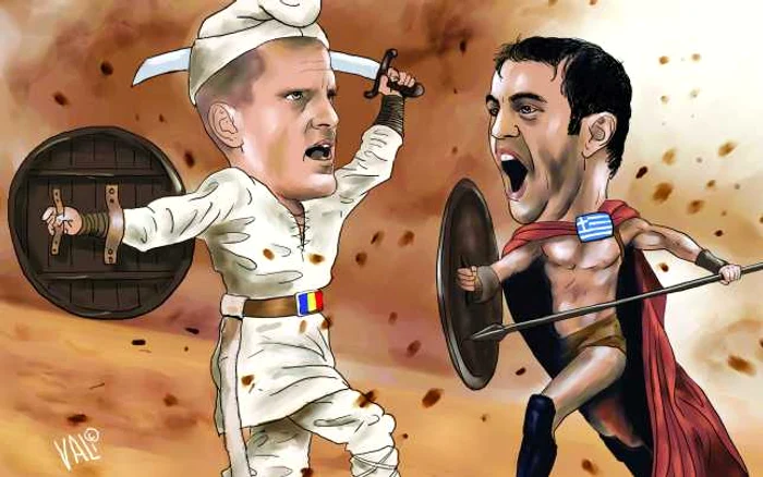 „Dacul“ Bourceanu şi „spartanul“ Karagounis. Caricatură. Vali Ivan