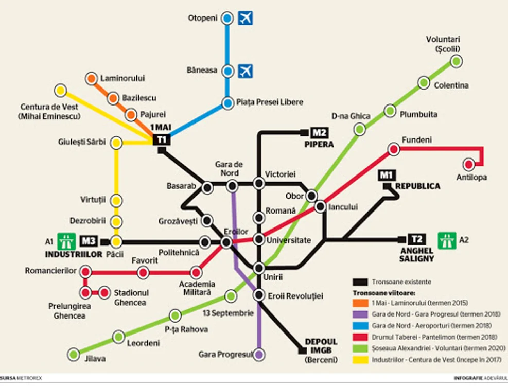 Harta metroului bucureștean cu toate magistralele pe care statul le are în plan să le construiască