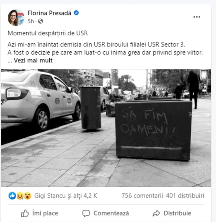 
    Florina Presadă pleacă din USR, dar nu renunță la politicăSursa foto: Facebook  