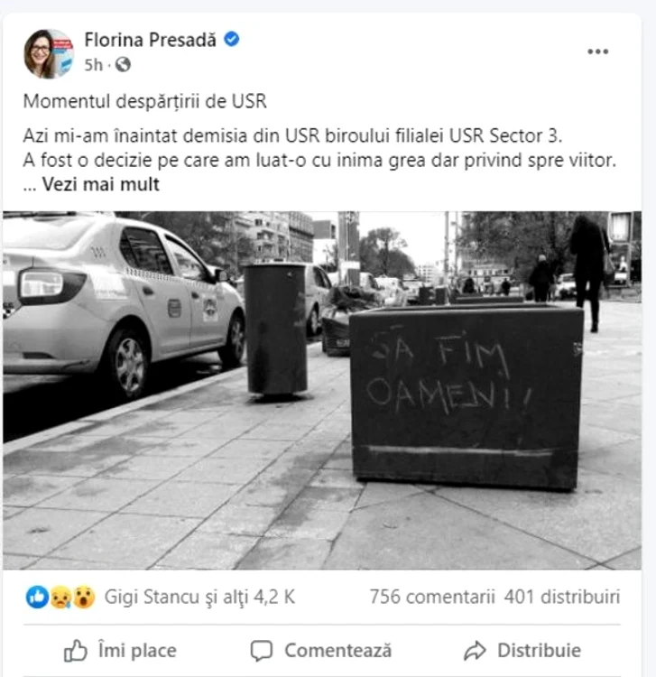 Florina Presadă pleacă din USR, dar nu renunță la politicăSursa foto: Facebook