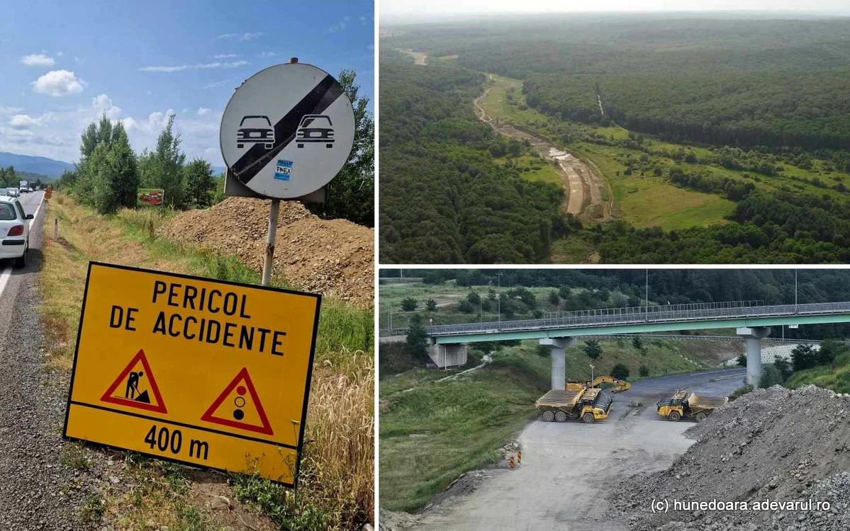 DN 68 A în reparații (foto DRDP Timișoara), șantierul Autostrăzii cu tuneluri (Foto Daniel Guță).