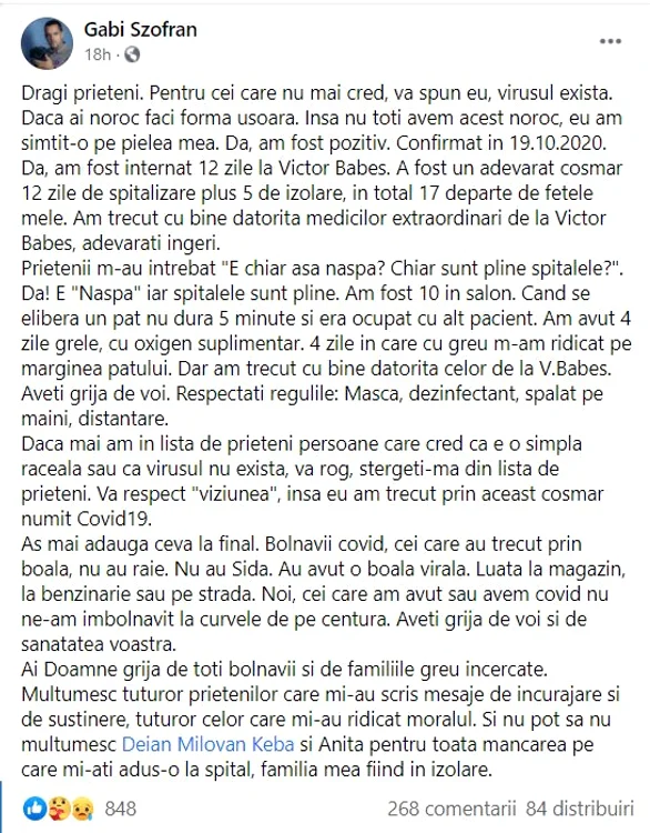 Mesajul transmis de Gabi pe Facebook pentru toți cei carenu cred în Covid-19