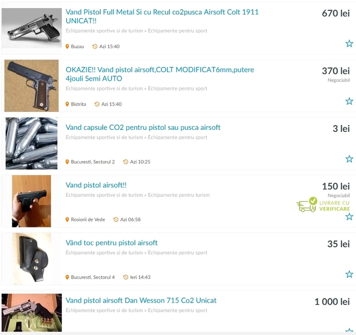 Se găsesc pistoale la vânzare pe site-ul OLX