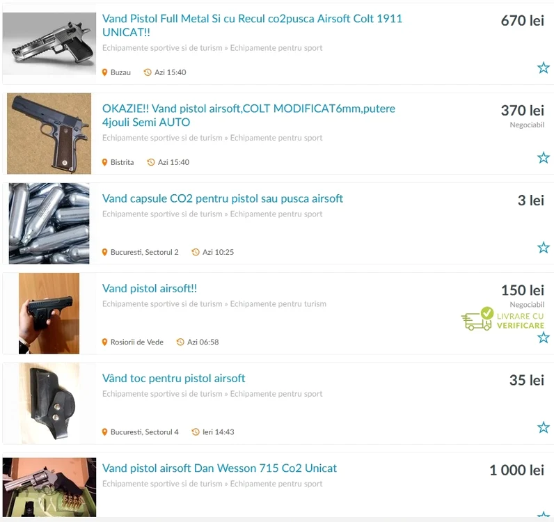 Se găsesc pistoale la vânzare pe site-ul OLX