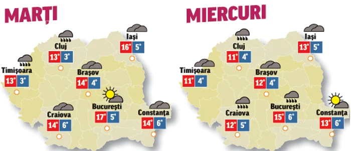 În următoarele două zile, temperaturile vor scădea ușor și precipitațiile își vor face simțită prezenta în aprope toate regiunile mai ales marți