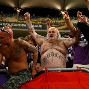 Suporteri ai echipei Austria Viena se bucură la finalul meciului din Europa League contra echipei Astra Giurgiu pe Arena Naţională din Bucureşti FOTO David Muntean