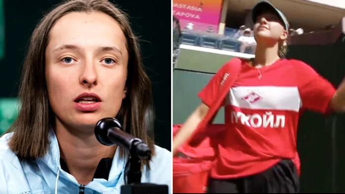 Swiatek (stânga), șocată că Potapova a apărut pe teren în tricoul celor de la Spartak Moscova
